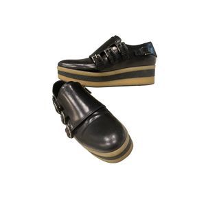 Pons Quintana Black Leather Flat Wedge Shoes Triple Buckle Sz7